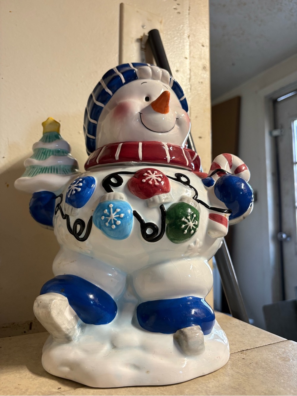 Houston Harvest.Holiday Snowman Ceramic Cookie Jar - Blue & White Festive Design